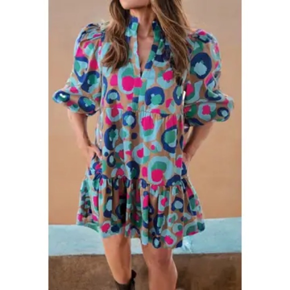 Pink and Blue Puff Sleeve Ruffled Mini Dress